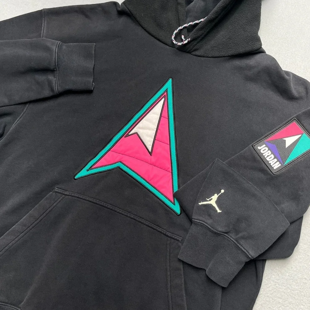 Jordan Mens Medium‎ Black Pullover Hoodie Geometric Graphic Pink Teal Jumpman